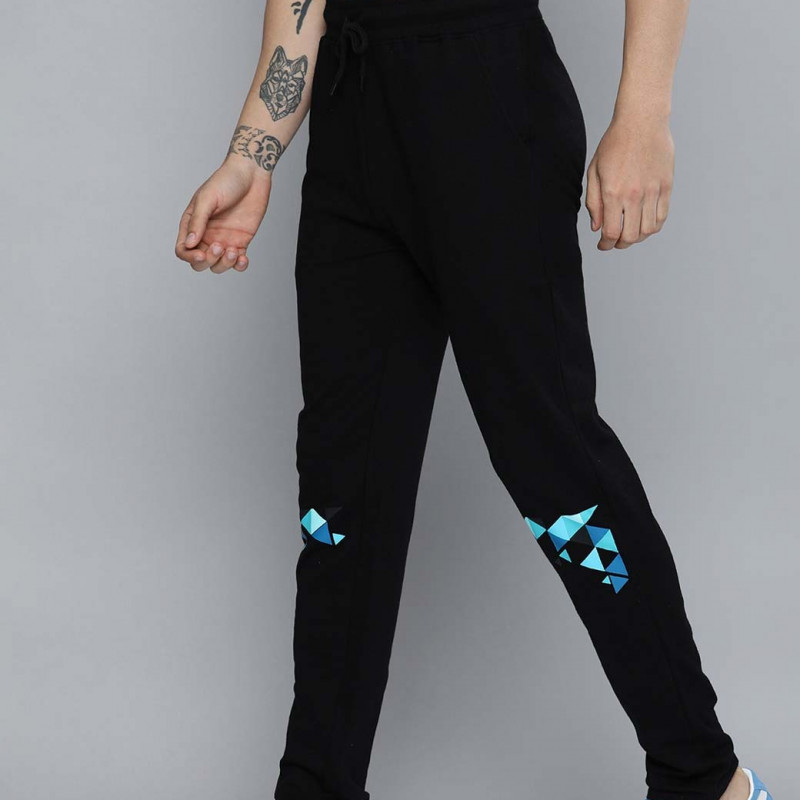 Men Black & Blue Printed Pure Cotton Track Pants