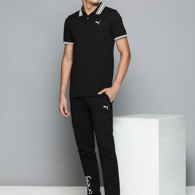 Men Black & White Printed Polo Collar Casual T-shirt