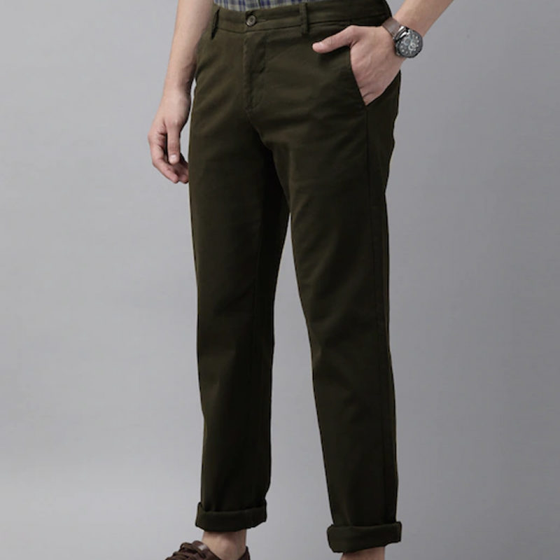 Men Green Solid Slim Fit Trousers