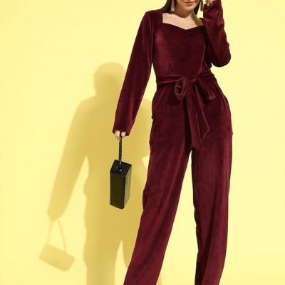 Women Burgundy Velvet Basic Jumpsuit