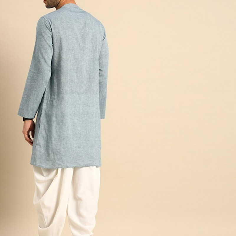 Men Blue & White Self-Design Pure Cotton Kurta with Patiala